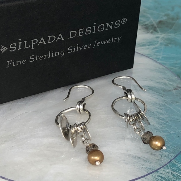 Silpada Sterling Silver Disc Smoky Quartz & Copper Pearl Dangle Earrings W1550 Silpada Sterling Silver Disc Smoky Quartz & Copper Pearl Dangle Earrings W1550